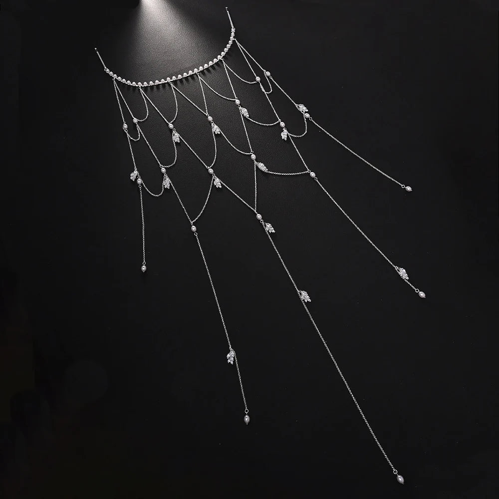 Elegant Long Tassel Pearl Headpiece Chain Wedding Hair Decoration 2025 Boho Leaf Zircon Bridal Head Chain Jewelry for Women Gift