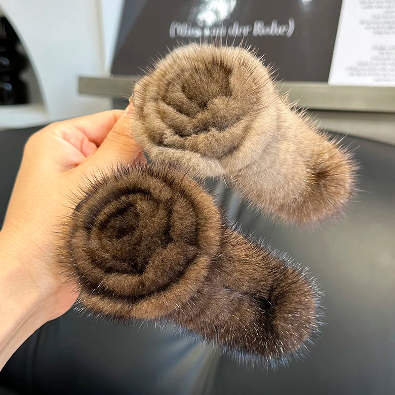 Real Mink Fur Flower Hair Clip Large Size Hairpin Barrettes For Women Girls Ponytail Temperament Clamps Fluffy Hair Accessories