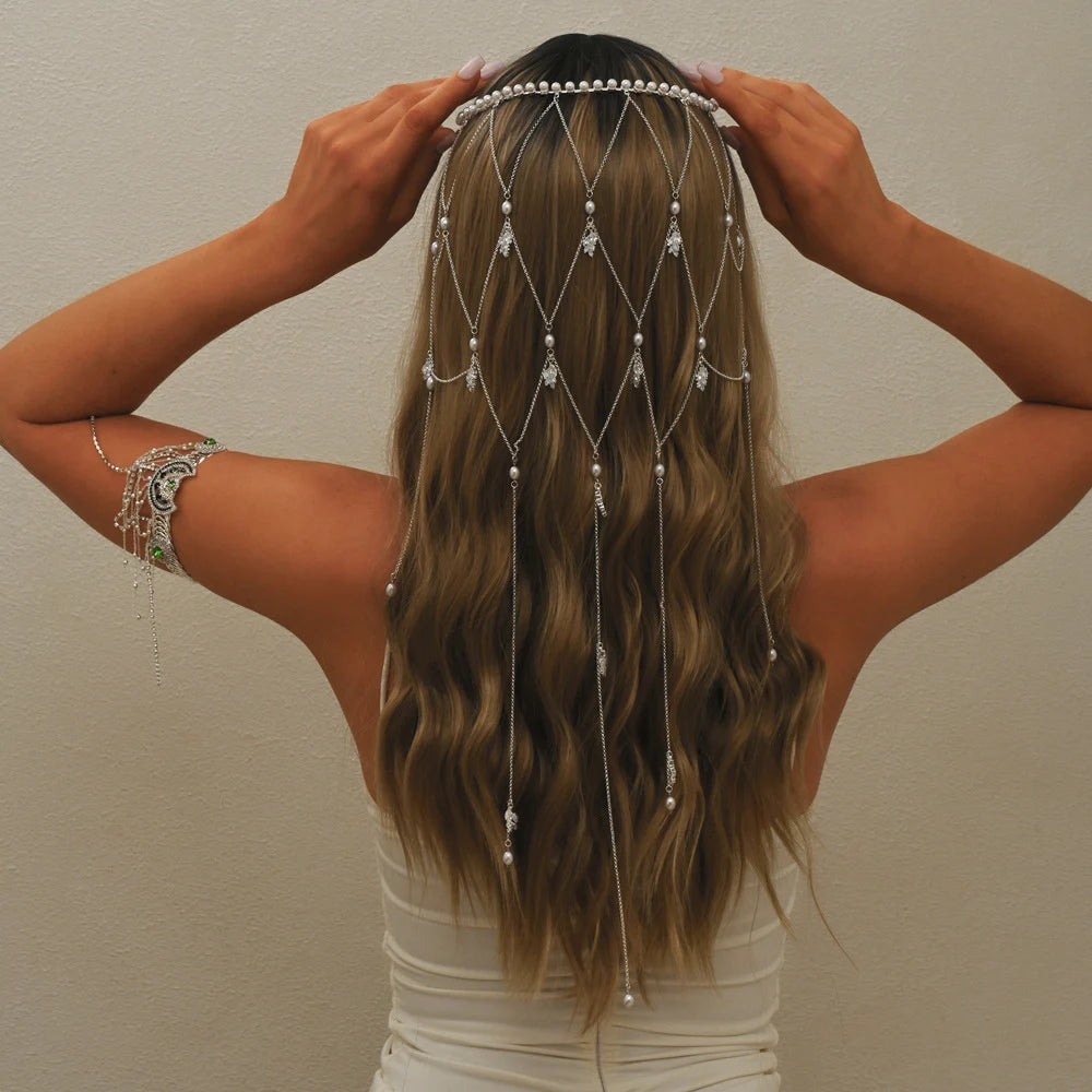 Elegant Long Tassel Pearl Headpiece Chain Wedding Hair Decoration 2025 Boho Leaf Zircon Bridal Head Chain Jewelry for Women Gift
