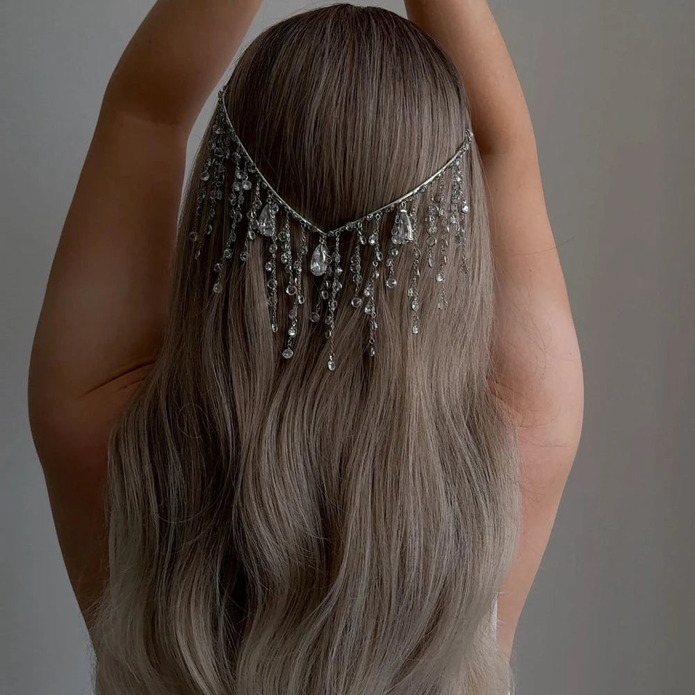 Bridal Water Drop V Shape Headpiece Chain Women Head Accessories Handmade Boho Metal Tassel Hair Comb Headband Wedding Jewelry