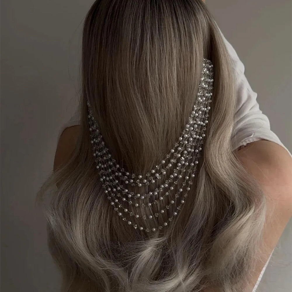 Boho Pearl Multilayer Tassel Headpiece Chain Wedding for Women Elegant Round Bead Bridal Hair Comb Tiara Prom Head Accessories