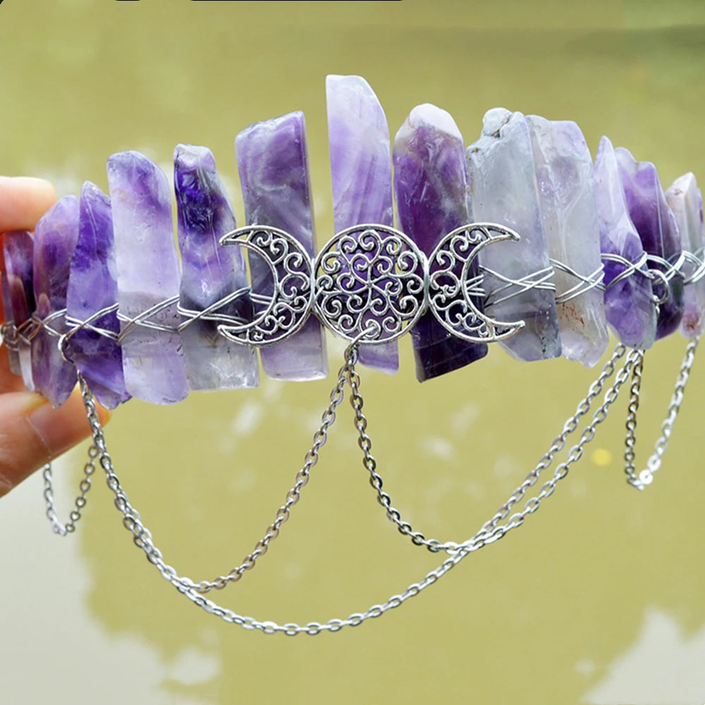 Bohemian Romantic Colorful Jewelry Tiara Crown Rainbow Raw Quartz Crystal Headband Handmade Fashion Hair Accessories Hair Hoop