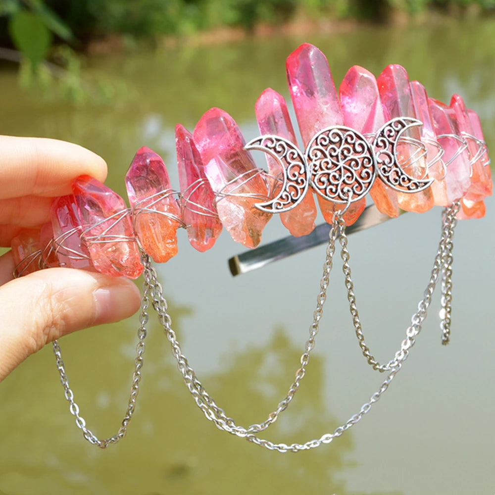 Bohemian Romantic Colorful Jewelry Tiara Crown Rainbow Raw Quartz Crystal Headband Handmade Fashion Hair Accessories Hair Hoop