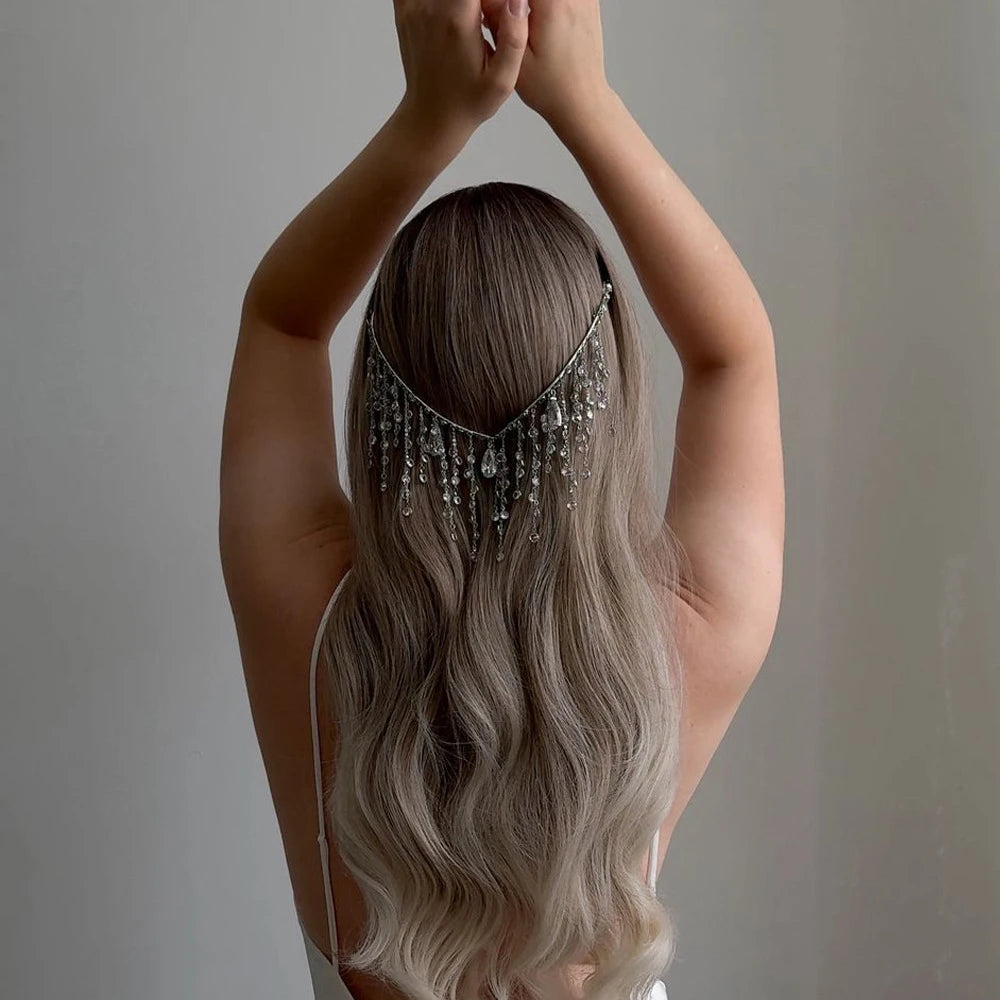Bridal Water Drop V Shape Headpiece Chain Women Head Accessories Handmade Boho Metal Tassel Hair Comb Headband Wedding Jewelry