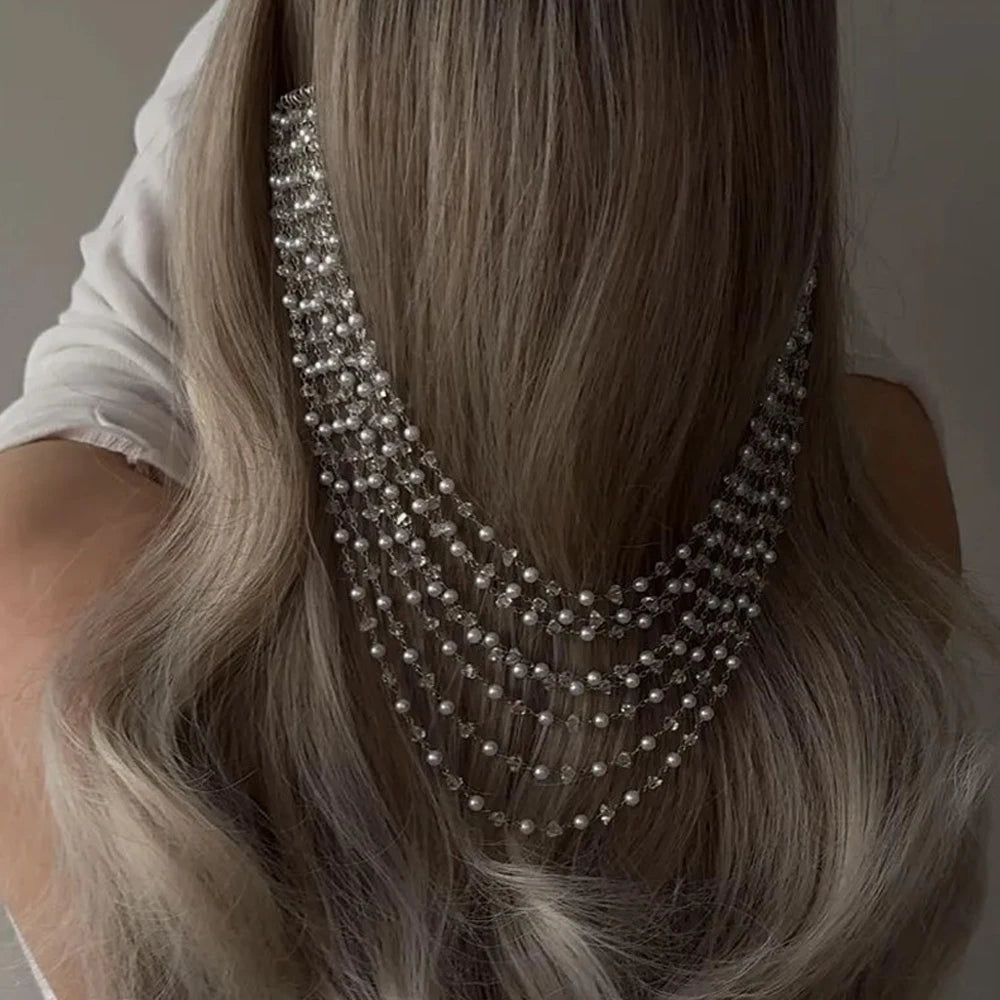 Boho Pearl Multilayer Tassel Headpiece Chain Wedding for Women Elegant Round Bead Bridal Hair Comb Tiara Prom Head Accessories