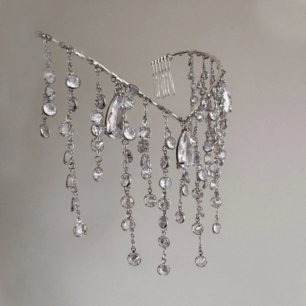 Bridal Water Drop V Shape Headpiece Chain Women Head Accessories Handmade Boho Metal Tassel Hair Comb Headband Wedding Jewelry