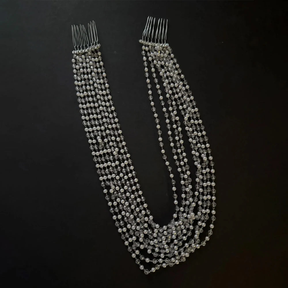 Boho Pearl Multilayer Tassel Headpiece Chain Wedding for Women Elegant Round Bead Bridal Hair Comb Tiara Prom Head Accessories